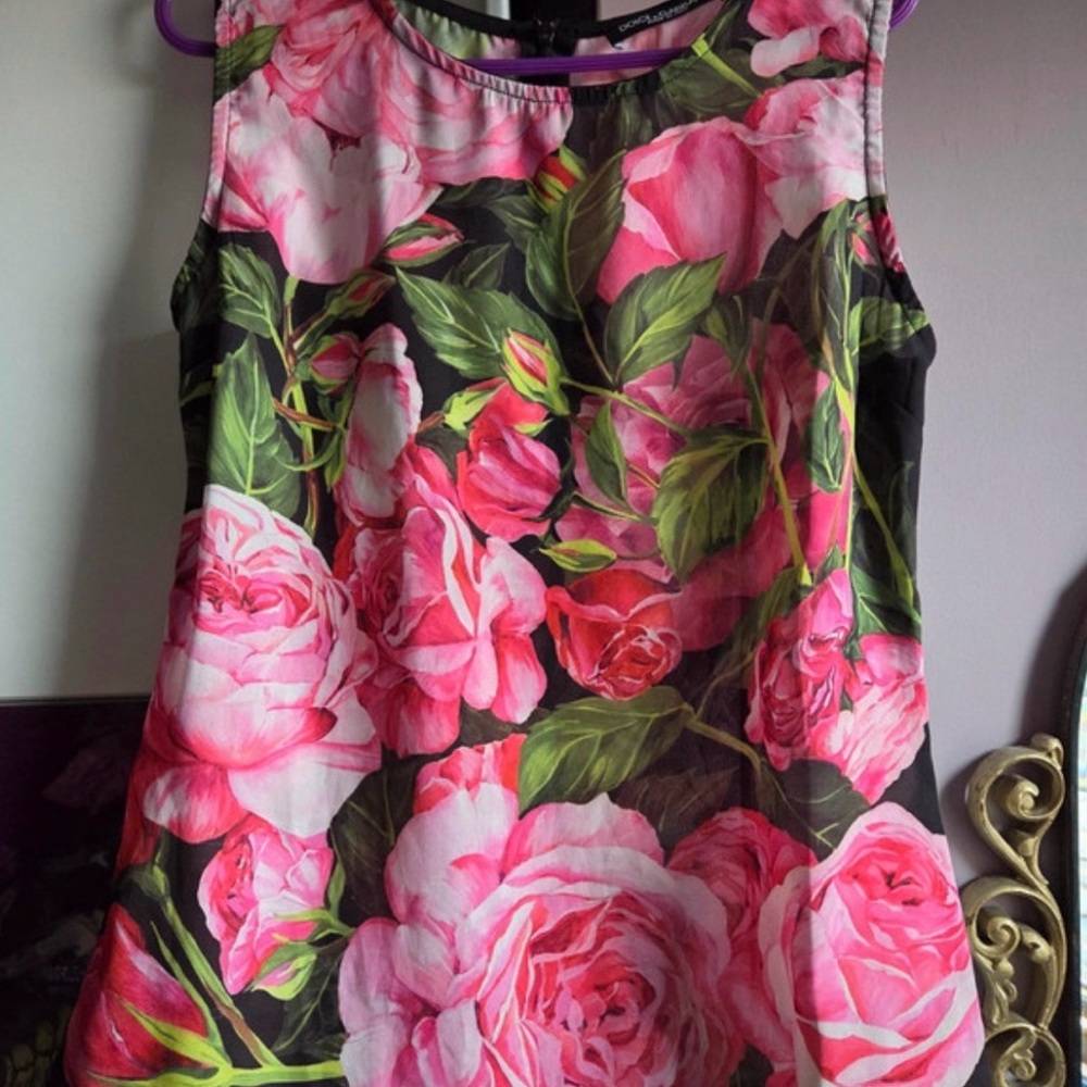 Dolce and Gabbana Floral Sleeveless Scoop Neck Tank Top - Pink & Green Roses - Picture 2 of 11